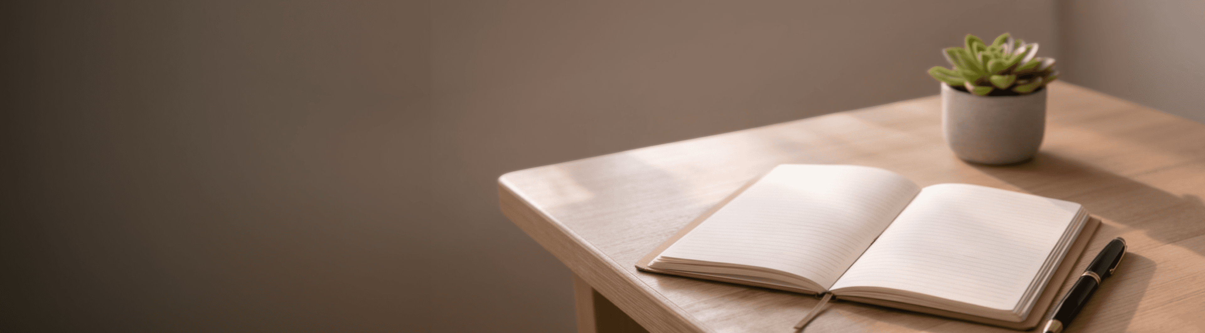 Desk with open notebook and plant