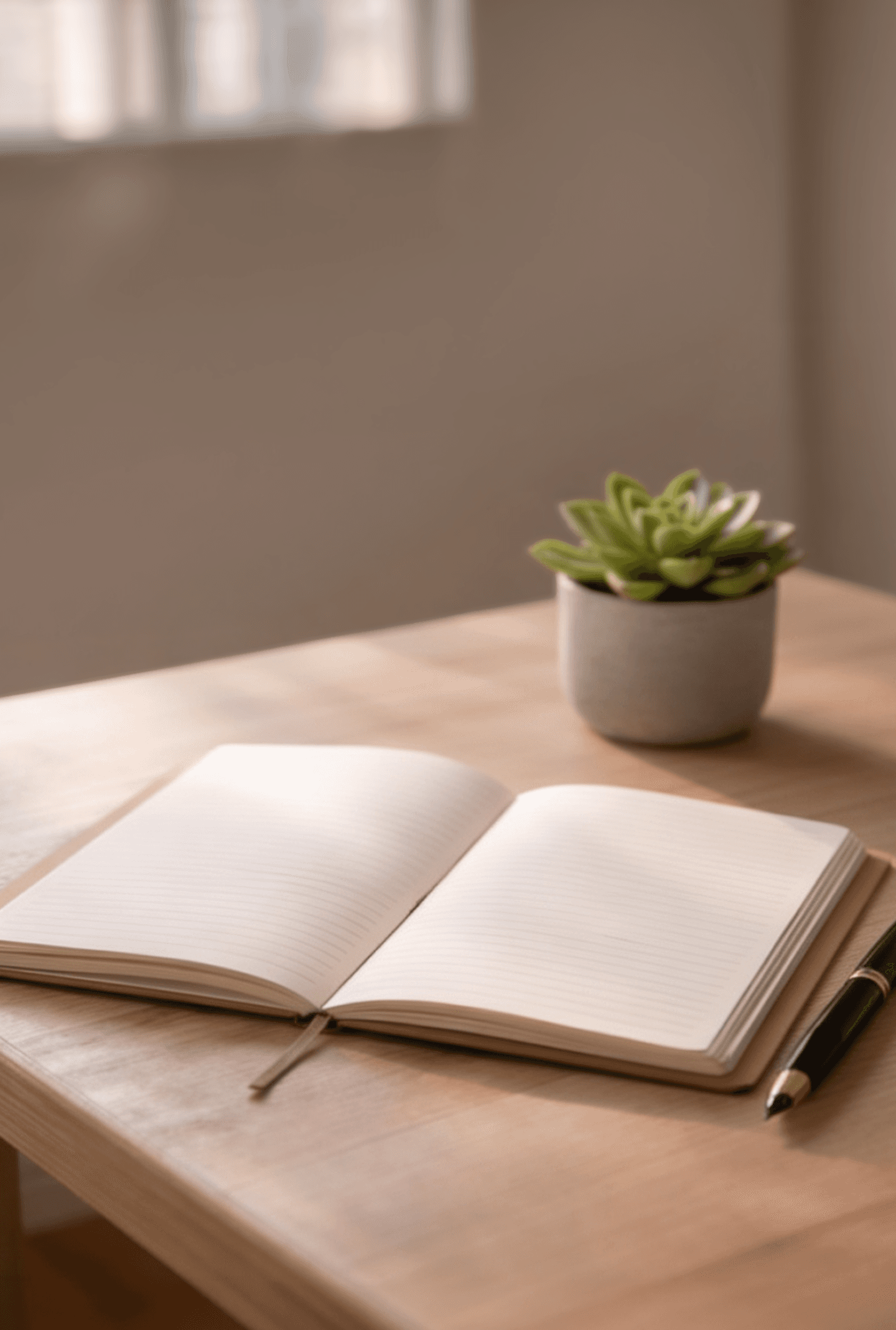 Desk with open notebook and plant